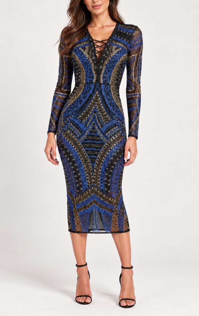 NWT ASOS Blue Gold Beaded Mesh Long Sleeve Bodycon Dress Black Statement Size 4